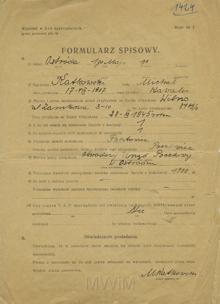 KKE 5497-1.jpg - Dok. Formularz spisowy wydany przez delegaturę Okręgowego Urzędu Likwidacyjnego w Ostródzie dla Michała Katkowskiego. Formularz zawiera wykaz ruchomości przywiezionych do Polski, Ostróda, 26 IX 1946 r.